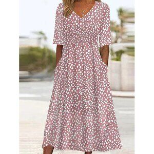 Pink Side Pocket V-neck Short Sleeve Summer Dress